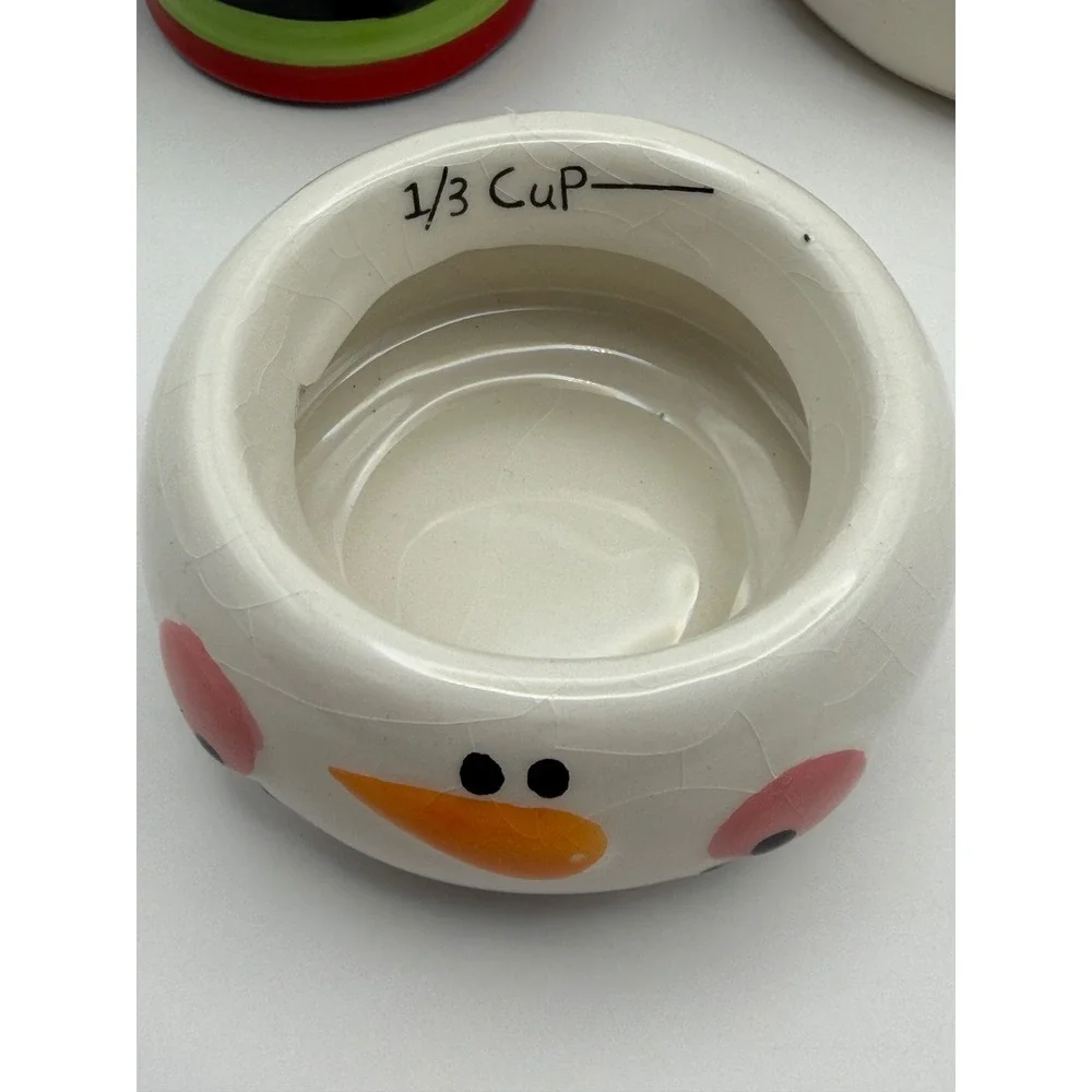 Pier 1 Stacking Ceramic Snowman Measuring Cups Christmas Candy Snack Bowls Set